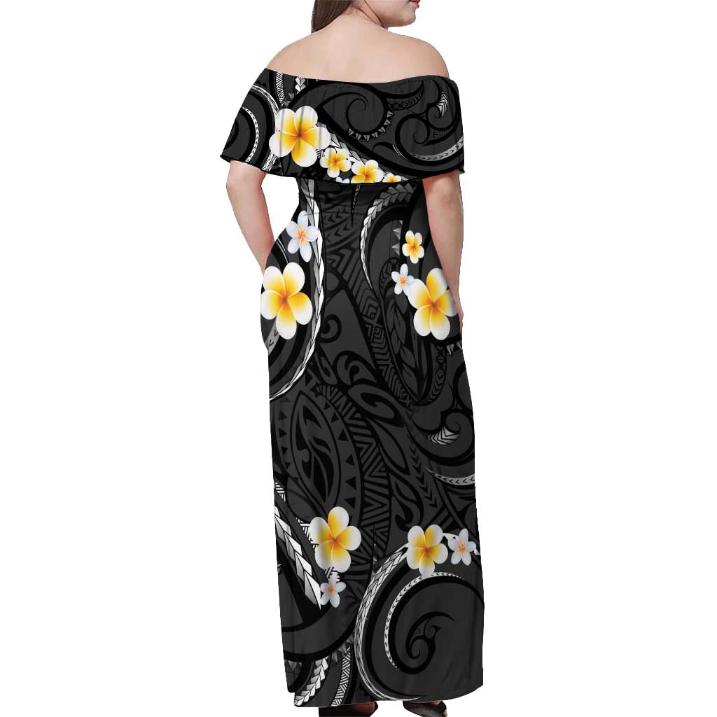 Black And Gray Off Shoulder Maxi Dress Curves Polynesian Tattoo Mix Plumeria Flowers LT14 - Polynesian Pride