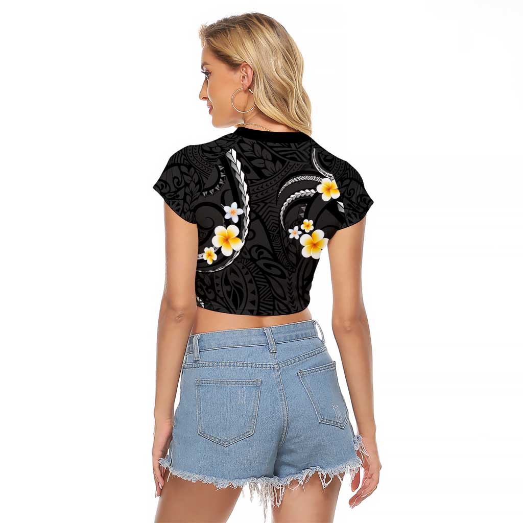 Black And Gray Raglan Cropped T Shirt Curves Polynesian Tattoo Mix Plumeria Flowers LT14 - Polynesian Pride