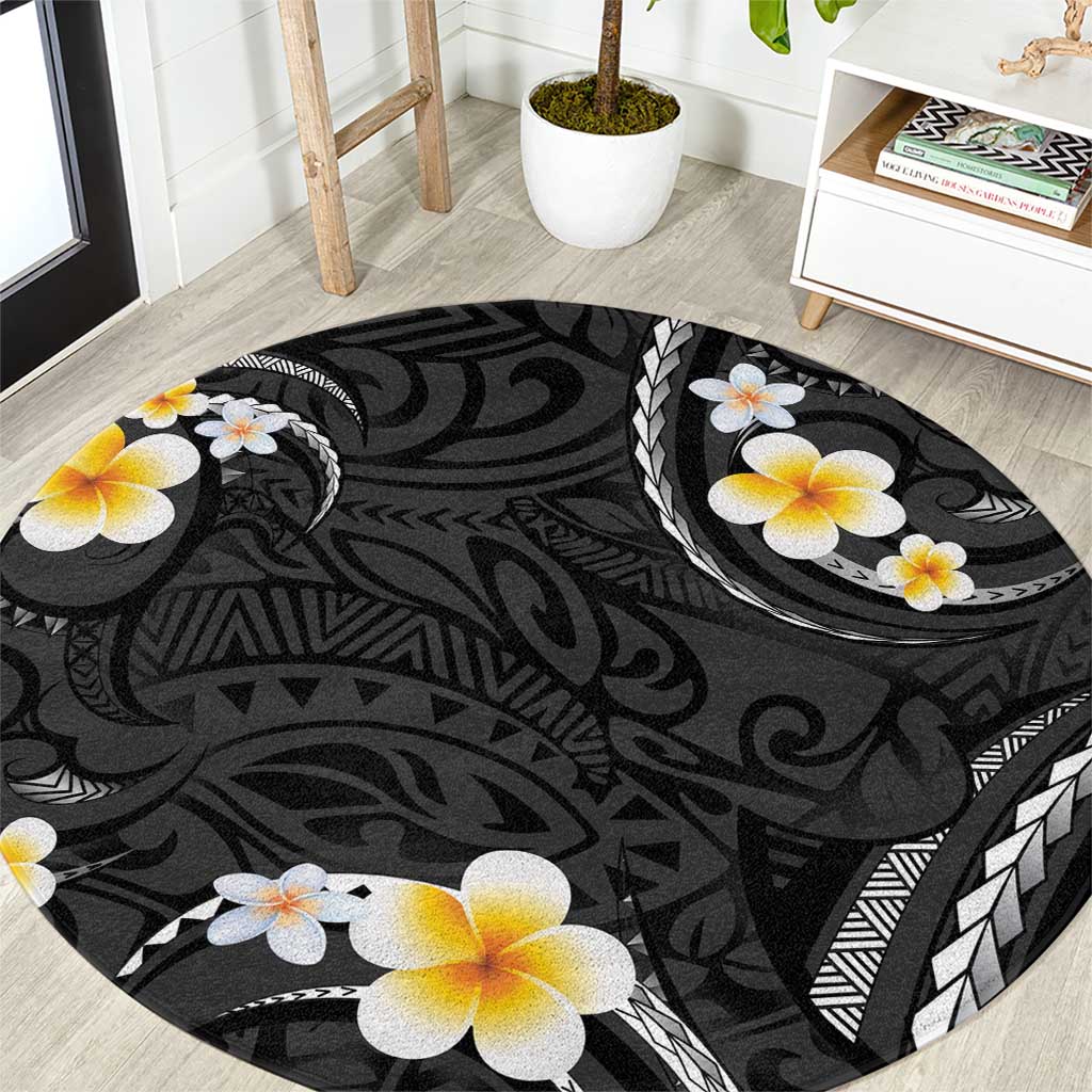 Black And Gray Round Carpet Curves Polynesian Tattoo Mix Plumeria Flowers LT14 Gray - Polynesian Pride
