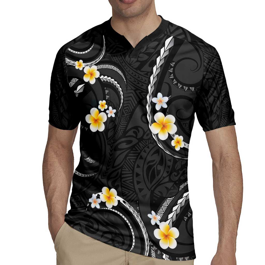 Black And Gray Rugby Jersey Curves Polynesian Tattoo Mix Plumeria Flowers