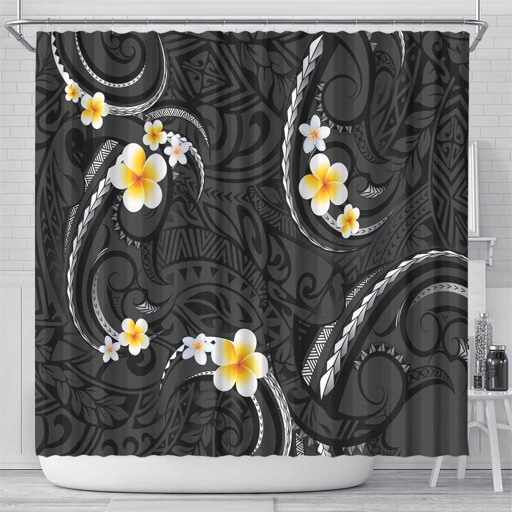 Black And Gray Shower Curtain Curves Polynesian Tattoo Mix Plumeria Flowers