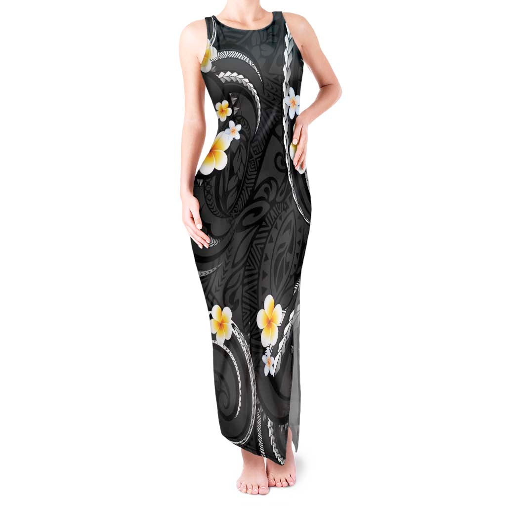 Black And Gray Tank Maxi Dress Curves Polynesian Tattoo Mix Plumeria Flowers