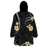 Black And Gray Wearable Blanket Hoodie Curves Polynesian Tattoo Mix Plumeria Flowers
