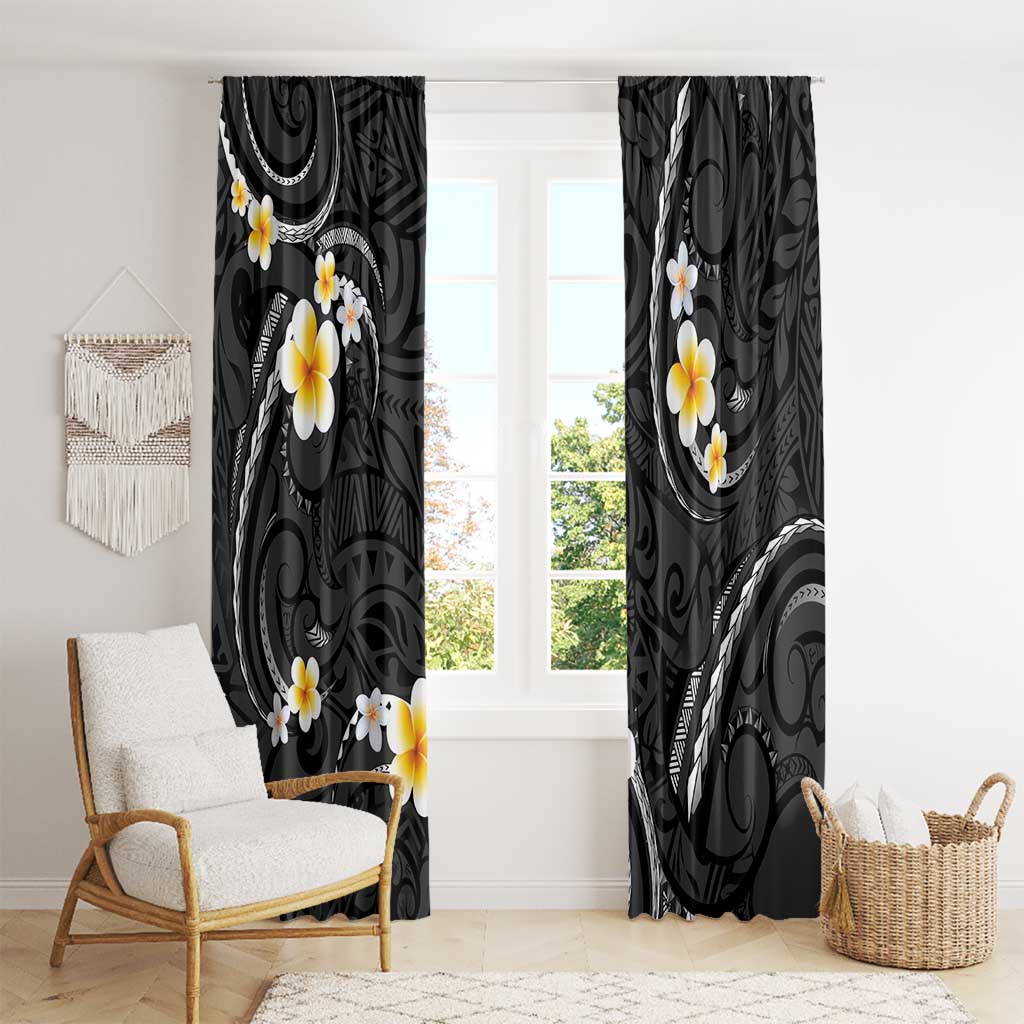 Black And Gray Window Curtain Curves Polynesian Tattoo Mix Plumeria Flowers