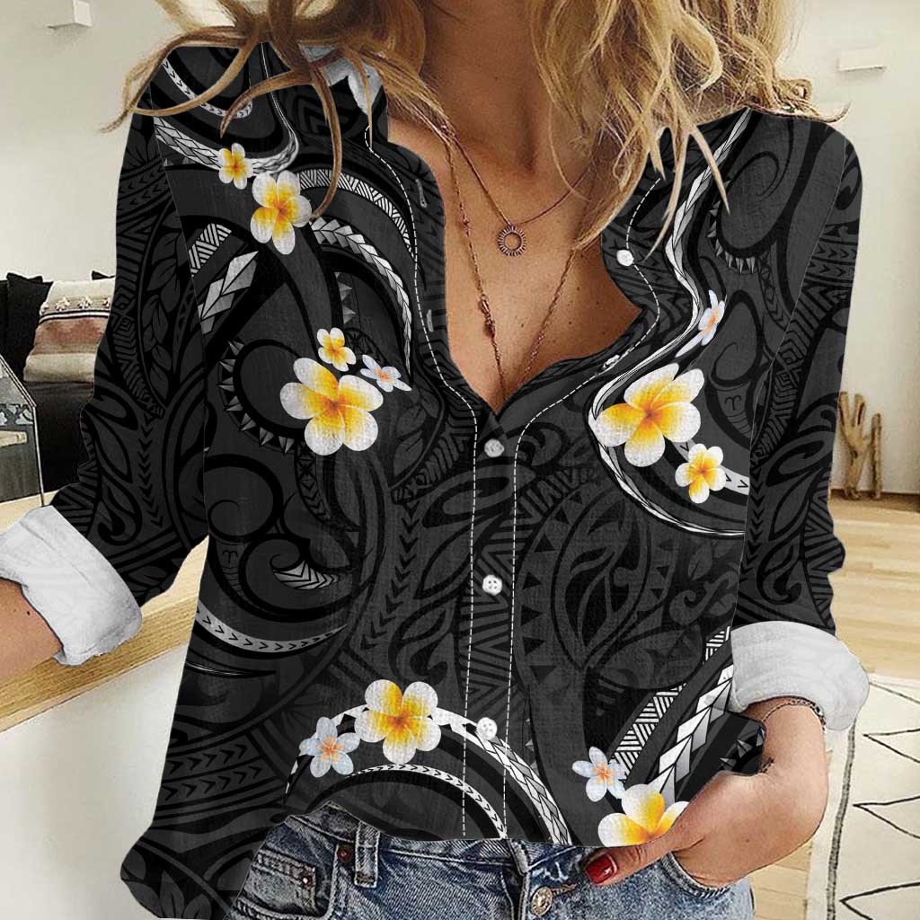 Black And Gray Women Casual Shirt Curves Polynesian Tattoo Mix Plumeria Flowers