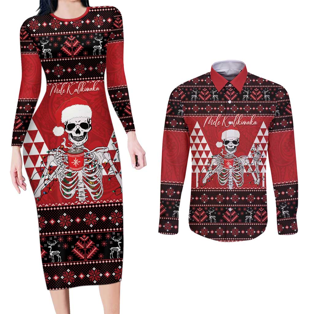 Personalized Hawaii Skull Christmas Couples Matching Long Sleeve Bodycon Dress and Long Sleeve Button Shirt Mele Kalikimaka Hawaiian Kakau - Polynesian Pride