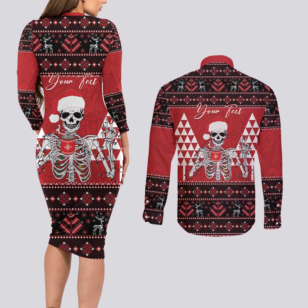 Personalized Hawaii Skull Christmas Couples Matching Long Sleeve Bodycon Dress and Long Sleeve Button Shirt Mele Kalikimaka Hawaiian Kakau - Polynesian Pride