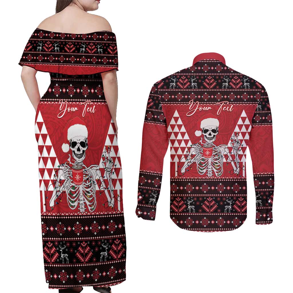 Personalized Hawaii Skull Christmas Couples Matching Off Shoulder Maxi Dress and Long Sleeve Button Shirt Mele Kalikimaka Hawaiian Kakau - Polynesian Pride