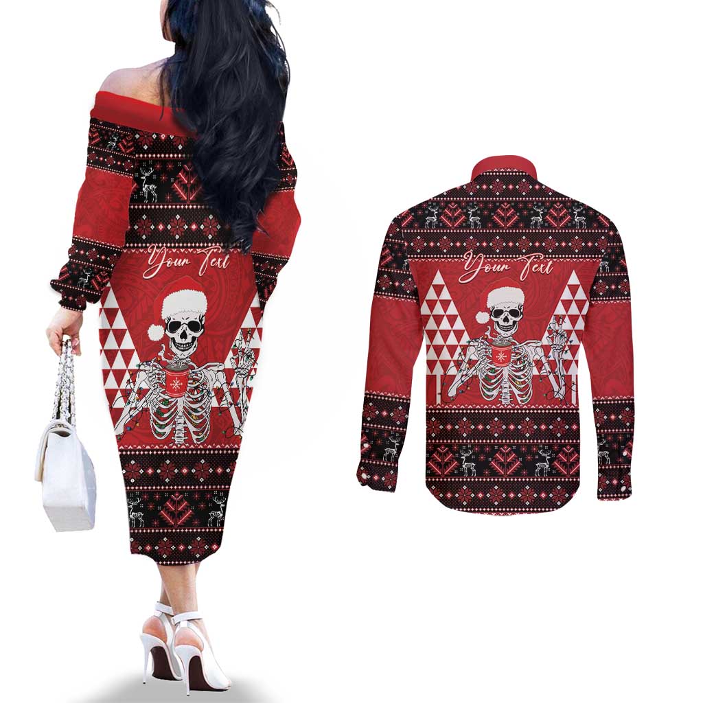 Personalized Hawaii Skull Christmas Couples Matching Off The Shoulder Long Sleeve Dress and Long Sleeve Button Shirt Mele Kalikimaka Hawaiian Kakau - Polynesian Pride