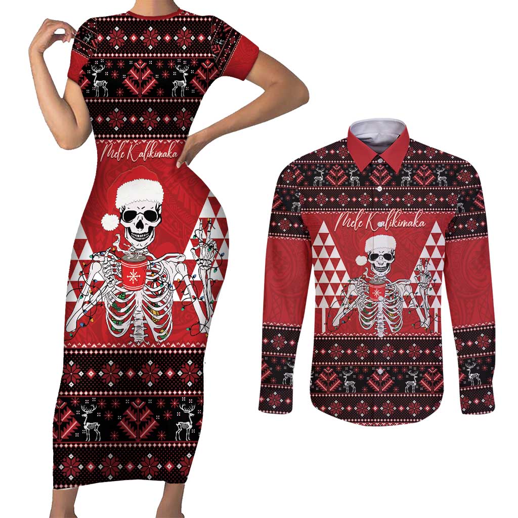 Personalized Hawaii Skull Christmas Couples Matching Short Sleeve Bodycon Dress and Long Sleeve Button Shirt Mele Kalikimaka Hawaiian Kakau - Polynesian Pride