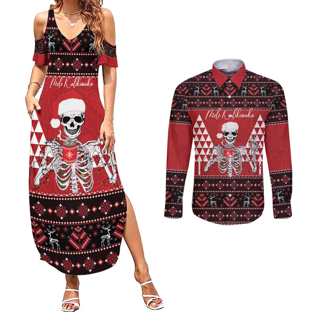Personalized Hawaii Skull Christmas Couples Matching Summer Maxi Dress and Long Sleeve Button Shirt Mele Kalikimaka Hawaiian Kakau - Polynesian Pride