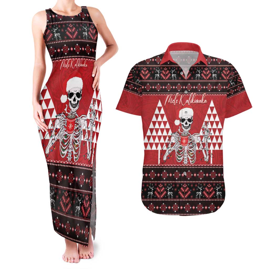 Personalized Hawaii Skull Christmas Couples Matching Tank Maxi Dress and Hawaiian Shirt Mele Kalikimaka Hawaiian Kakau - Polynesian Pride
