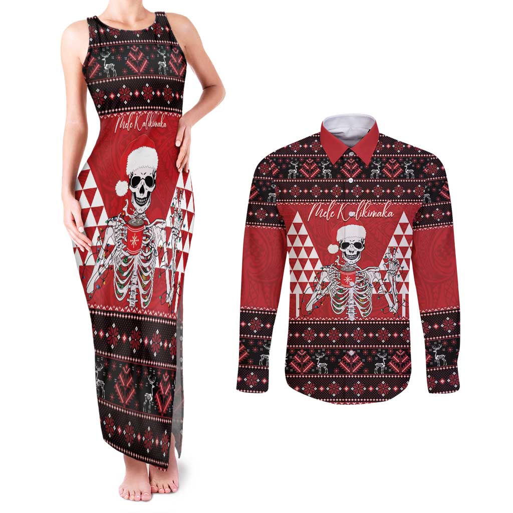 Personalized Hawaii Skull Christmas Couples Matching Tank Maxi Dress and Long Sleeve Button Shirt Mele Kalikimaka Hawaiian Kakau - Polynesian Pride