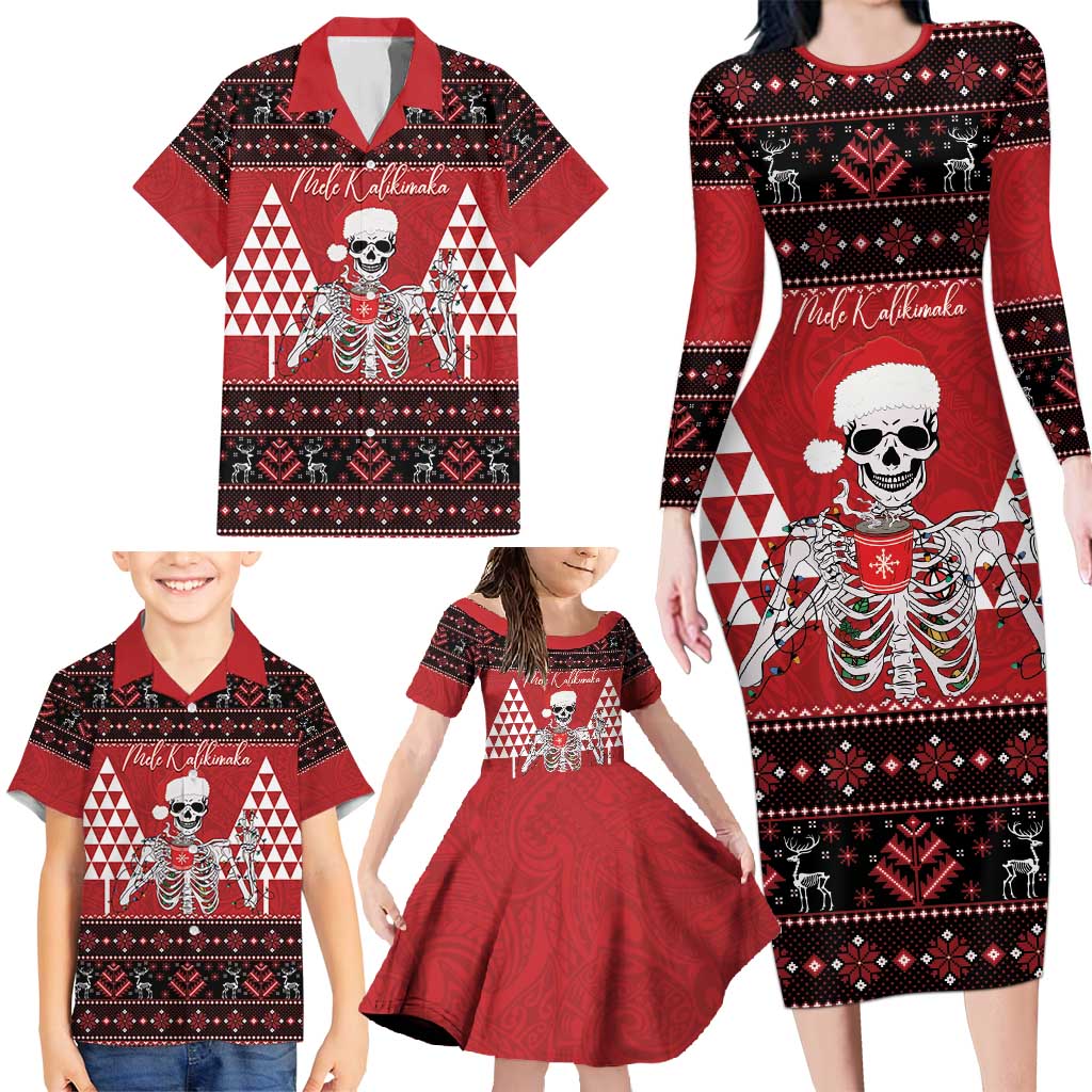 Personalized Hawaii Skull Christmas Family Matching Long Sleeve Bodycon Dress and Hawaiian Shirt Mele Kalikimaka Hawaiian Kakau - Polynesian Pride