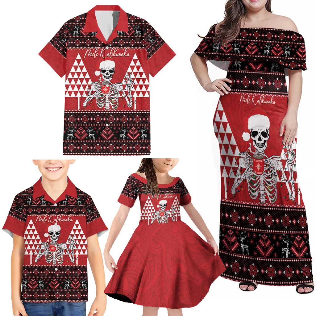 Personalized Hawaii Skull Christmas Family Matching Off Shoulder Maxi Dress and Hawaiian Shirt Mele Kalikimaka Hawaiian Kakau - Polynesian Pride