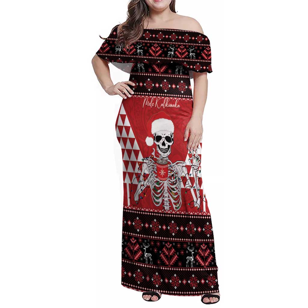 Personalized Hawaii Skull Christmas Family Matching Off Shoulder Maxi Dress and Hawaiian Shirt Mele Kalikimaka Hawaiian Kakau - Polynesian Pride