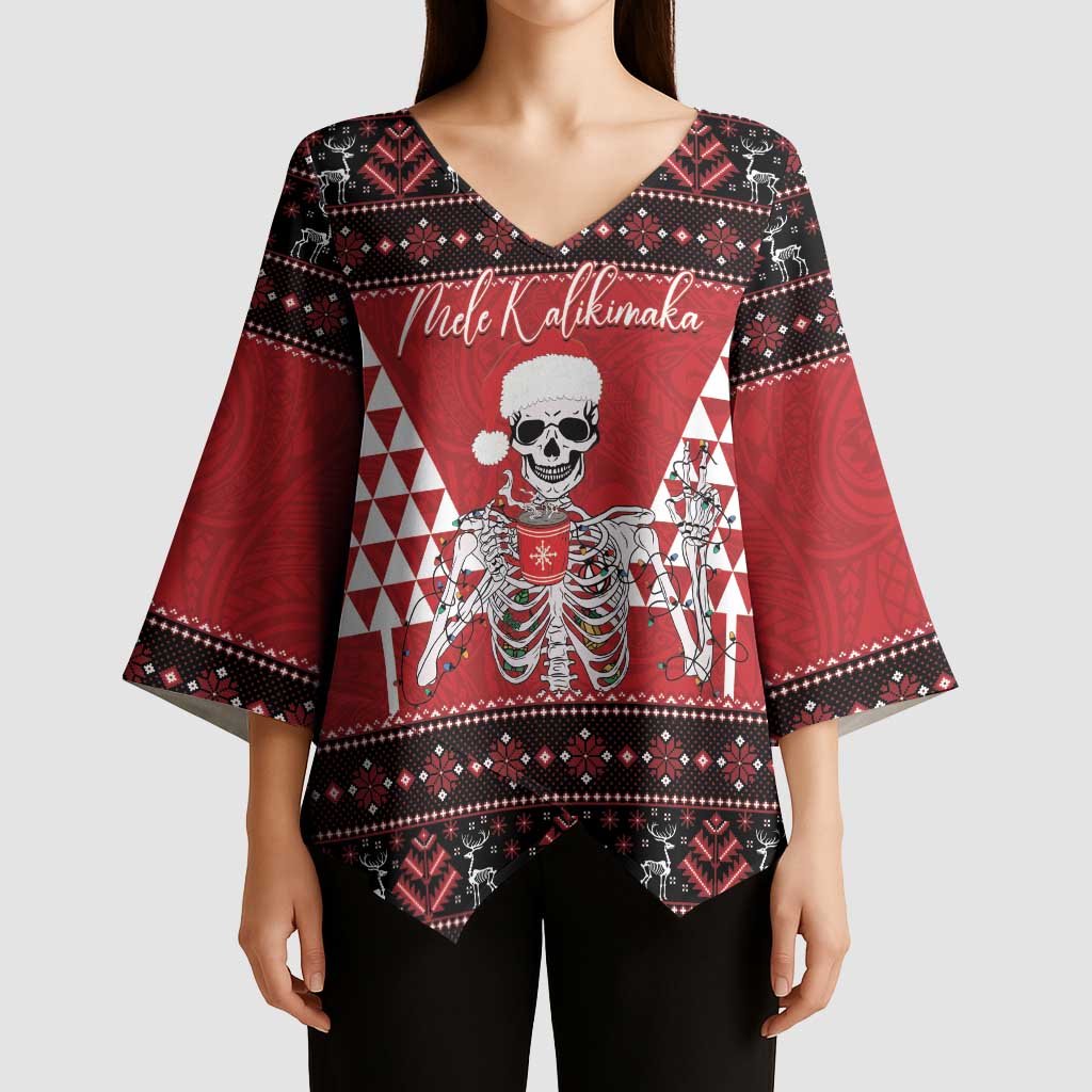 Personalized Hawaii Skull Christmas Kimono Sleeve Blouse Mele Kalikimaka Hawaiian Kakau - Polynesian Pride
