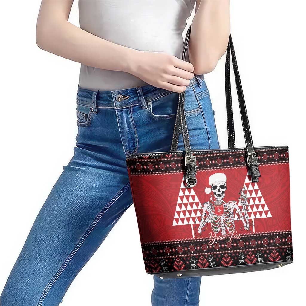 Personalized Hawaii Skull Christmas Leather Tote Bag Mele Kalikimaka Hawaiian Kakau - Polynesian Pride
