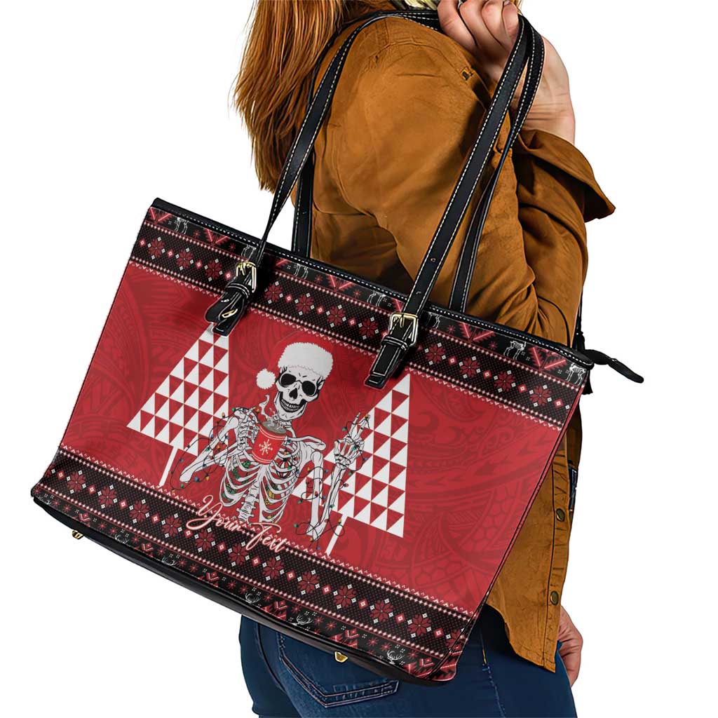 Personalized Hawaii Skull Christmas Leather Tote Bag Mele Kalikimaka Hawaiian Kakau - Polynesian Pride