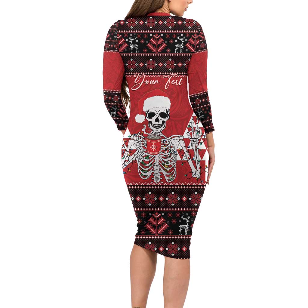 Personalized Hawaii Skull Christmas Long Sleeve Bodycon Dress Mele Kalikimaka Hawaiian Kakau - Polynesian Pride