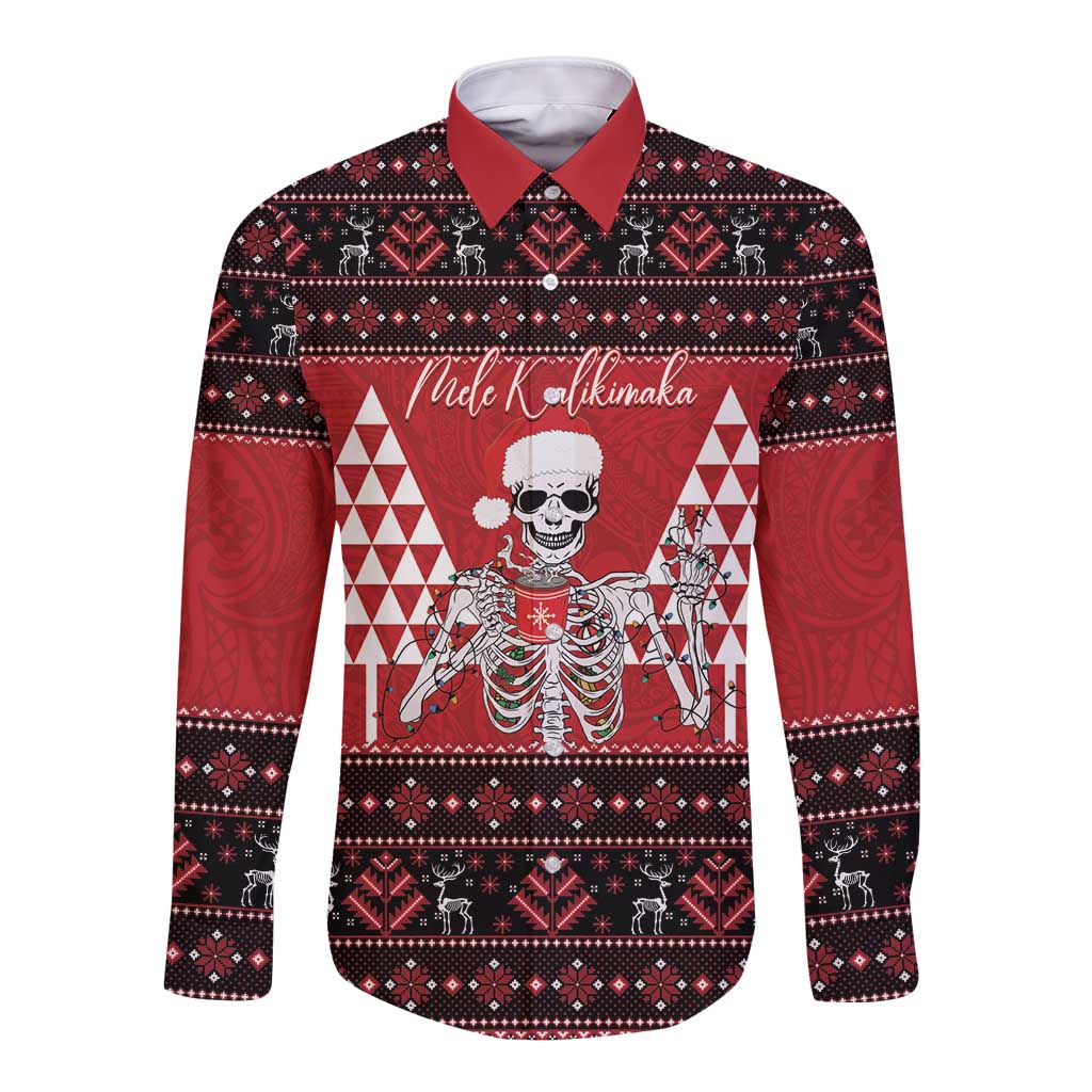 Personalized Hawaii Skull Christmas Long Sleeve Button Shirt Mele Kalikimaka Hawaiian Kakau - Polynesian Pride