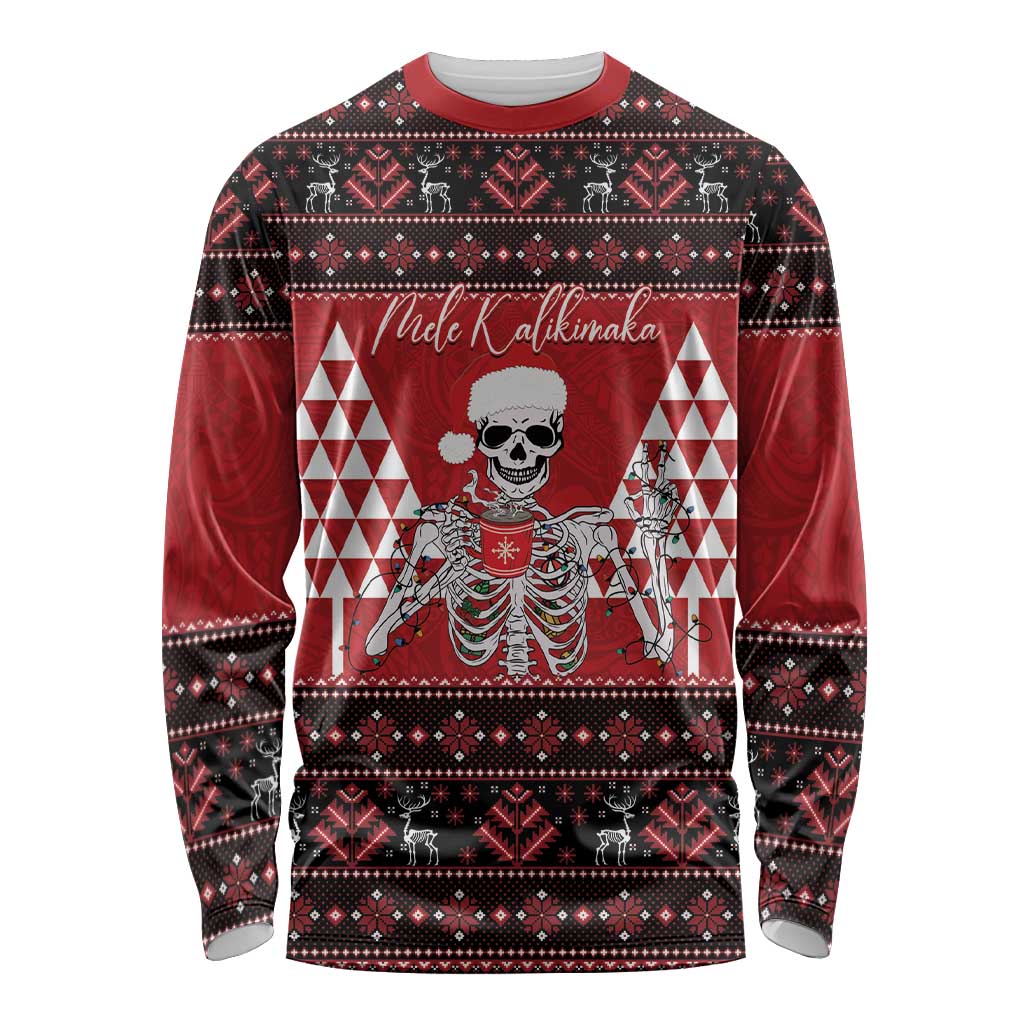 Personalized Hawaii Skull Christmas Long Sleeve Shirt Mele Kalikimaka Hawaiian Kakau - Polynesian Pride