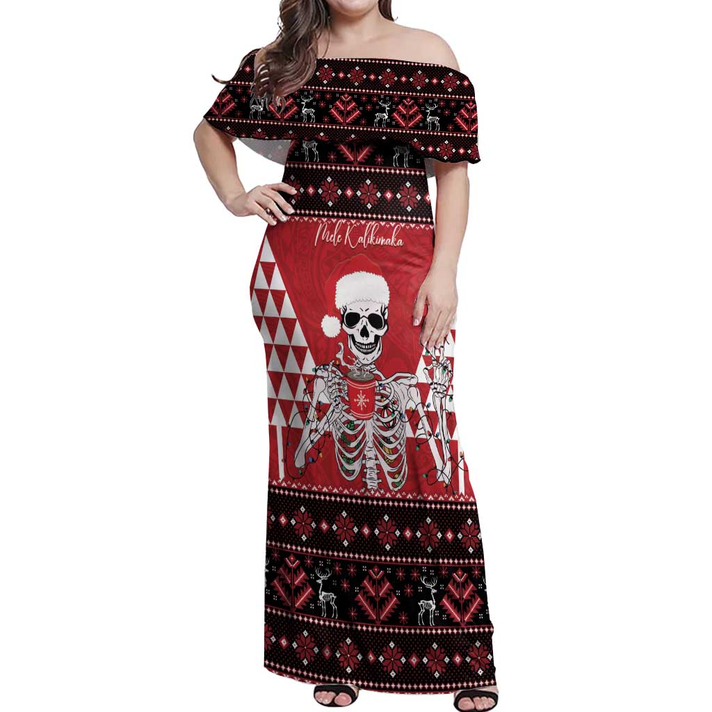 Personalized Hawaii Skull Christmas Off Shoulder Maxi Dress Mele Kalikimaka Hawaiian Kakau - Polynesian Pride