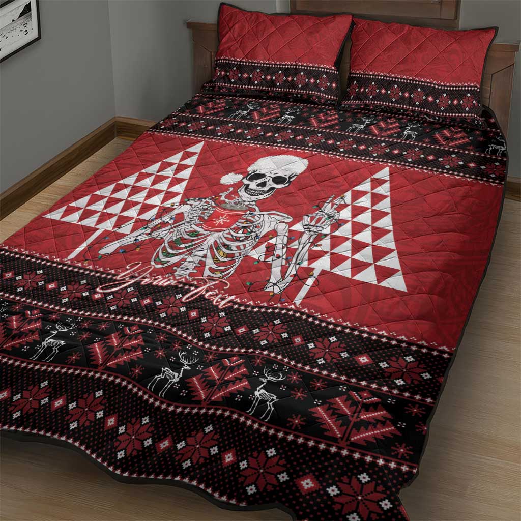 Personalized Hawaii Skull Christmas Quilt Bed Set Mele Kalikimaka Hawaiian Kakau - Polynesian Pride