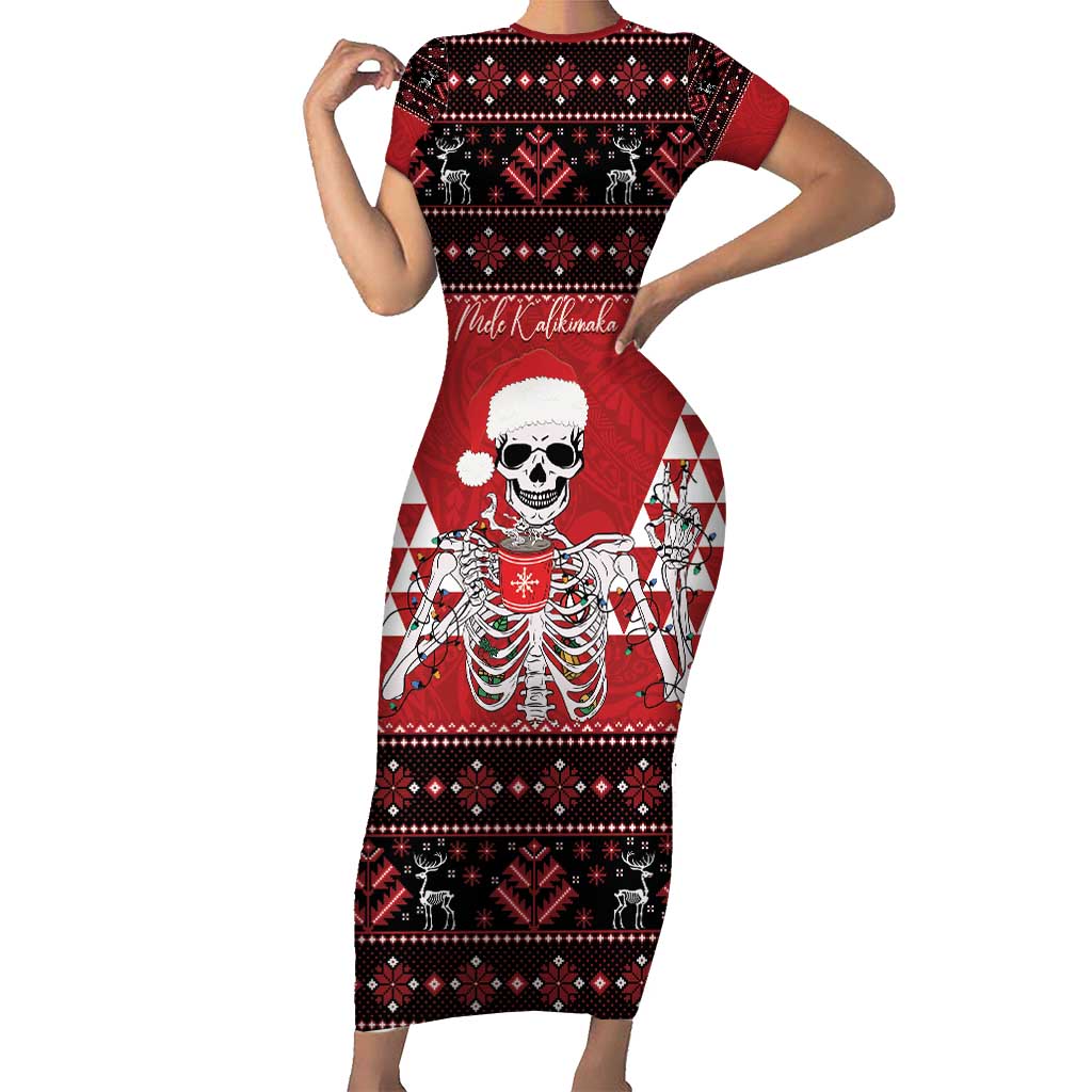 Personalized Hawaii Skull Christmas Short Sleeve Bodycon Dress Mele Kalikimaka Hawaiian Kakau - Polynesian Pride