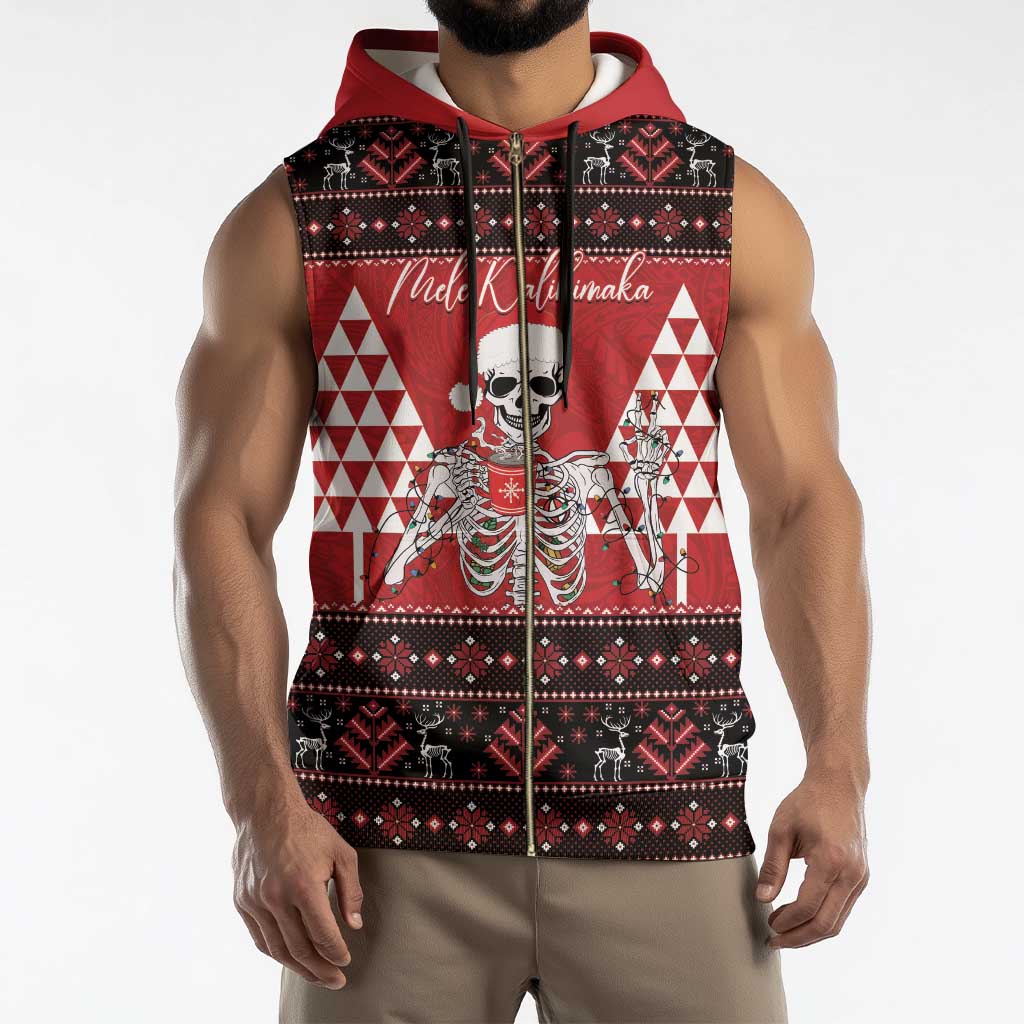 Personalized Hawaii Skull Christmas Sleeveless Zip Hoodie Mele Kalikimaka Hawaiian Kakau - Polynesian Pride