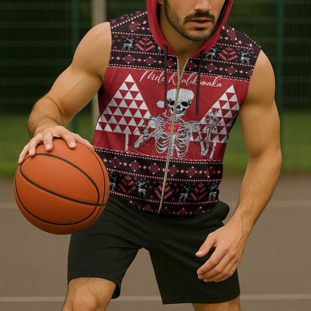 Personalized Hawaii Skull Christmas Sleeveless Zip Hoodie Mele Kalikimaka Hawaiian Kakau - Polynesian Pride