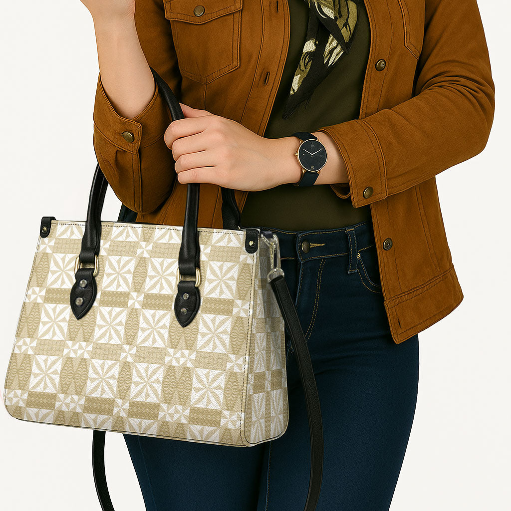 Beige Ngatu Pattern Malo e Lelei Tonga Leather Bag LT14 - Polynesian Pride