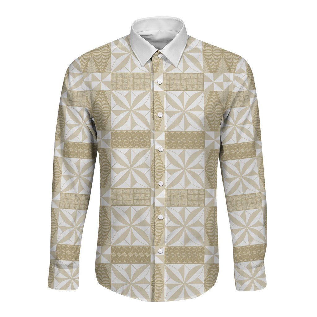Beige Ngatu Pattern Malo e Lelei Tonga Long Sleeve Button Shirt LT14 Unisex Beige - Polynesian Pride