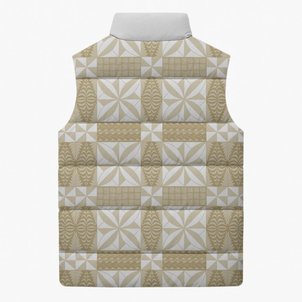 Beige Ngatu Pattern Malo e Lelei Tonga Sleeveless Puffer Jacket LT14 - Polynesian Pride