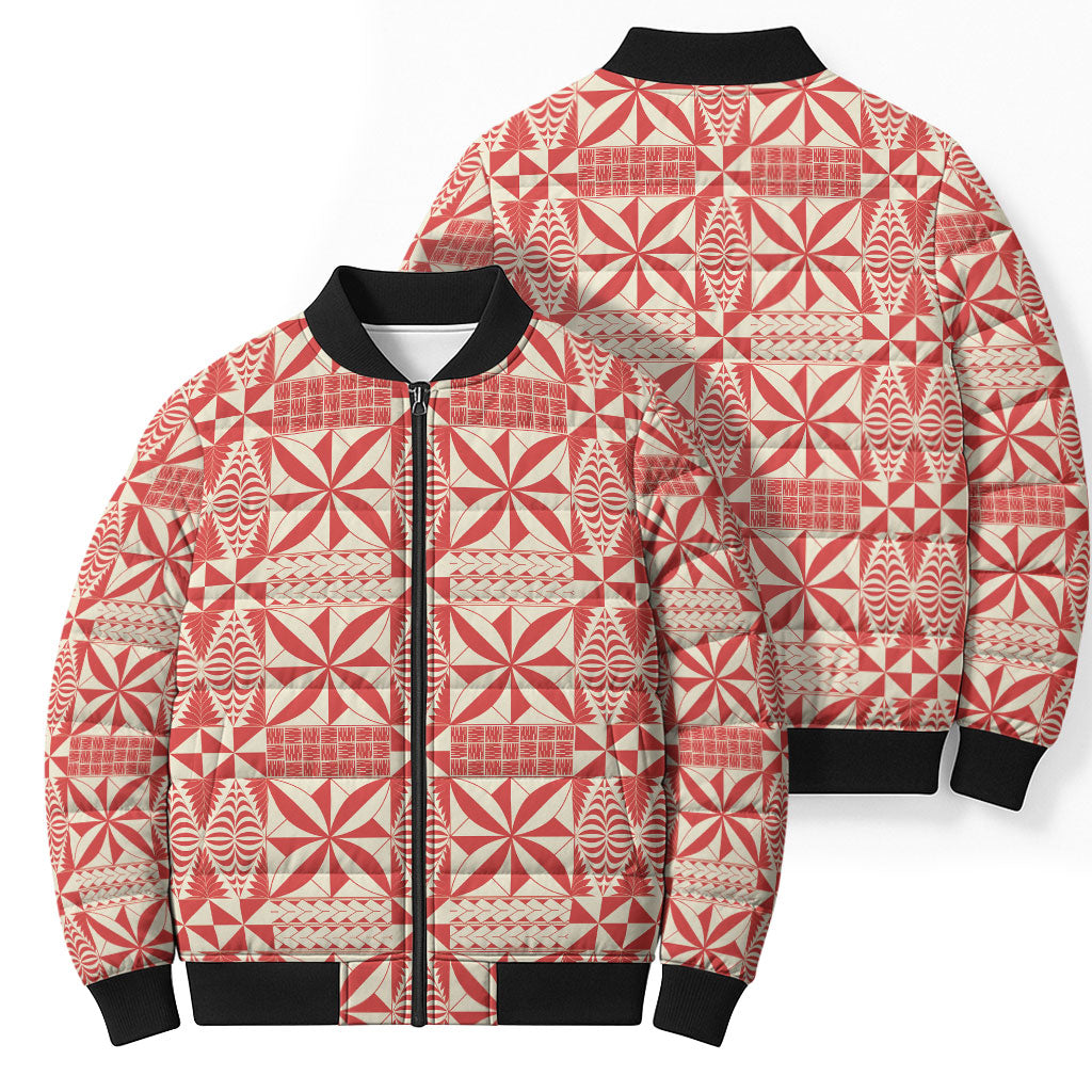 Red Ngatu Pattern Malo e Lelei Tonga Bomber Puffer Jacket LT14 - Polynesian Pride