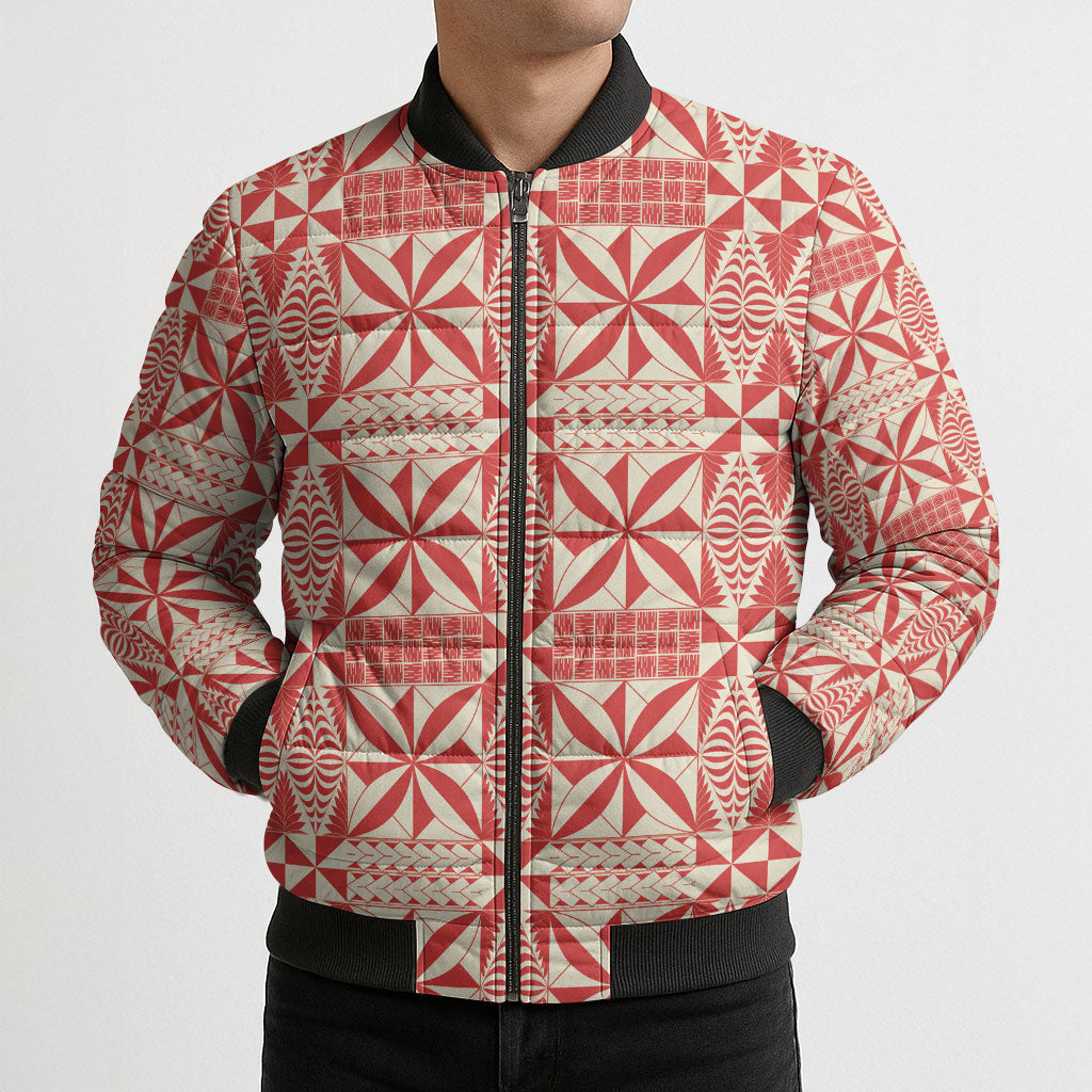 Red Ngatu Pattern Malo e Lelei Tonga Bomber Puffer Jacket LT14 - Polynesian Pride