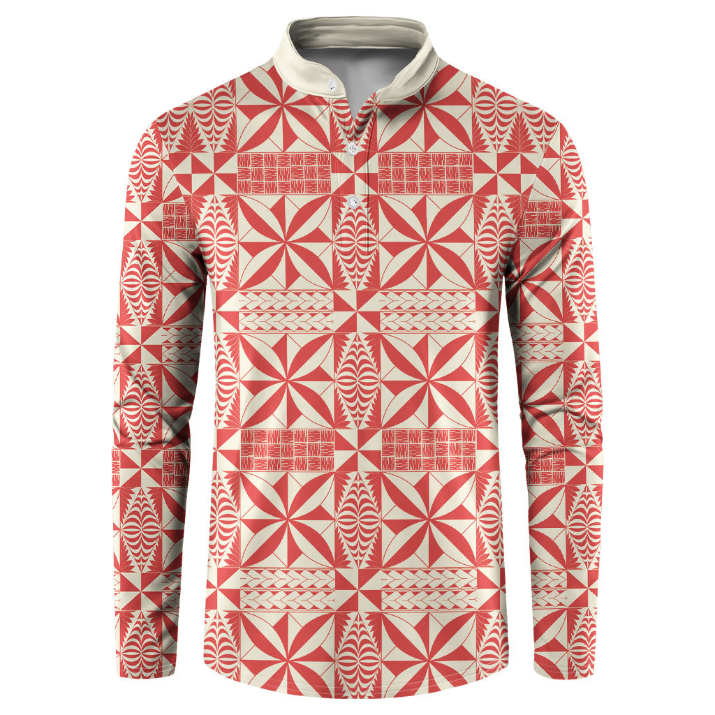 Red Ngatu Pattern Malo e Lelei Tonga Button Sweatshirt LT14 Red - Polynesian Pride