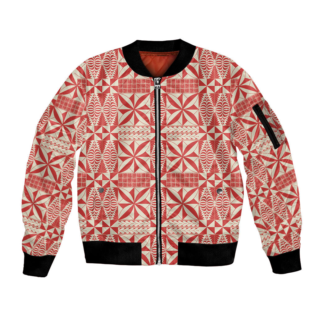 Red Ngatu Pattern Malo e Lelei Tonga Sleeve Zip Bomber Jacket LT14 Unisex Red - Polynesian Pride