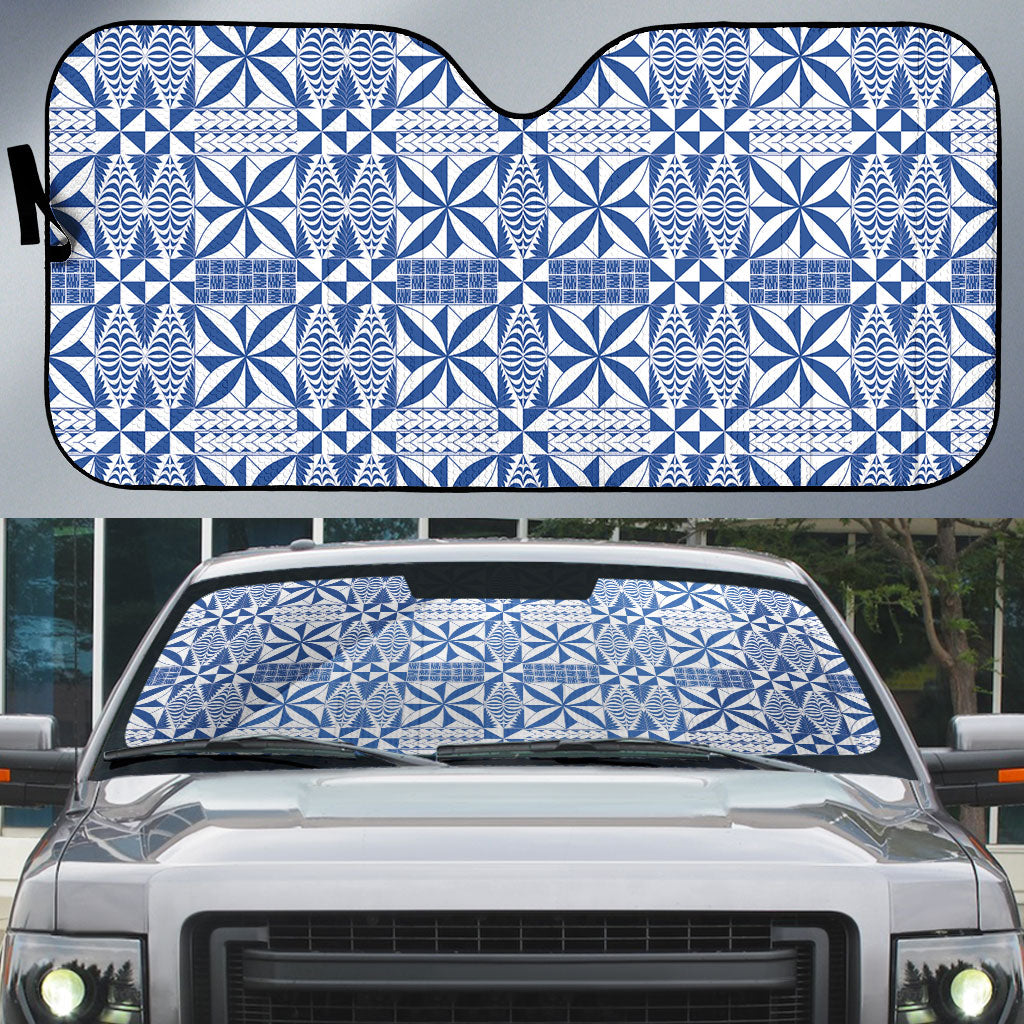 Blue Ngatu Pattern Malo e Lelei Tonga Auto Sun Shade LT14 Blue - Polynesian Pride