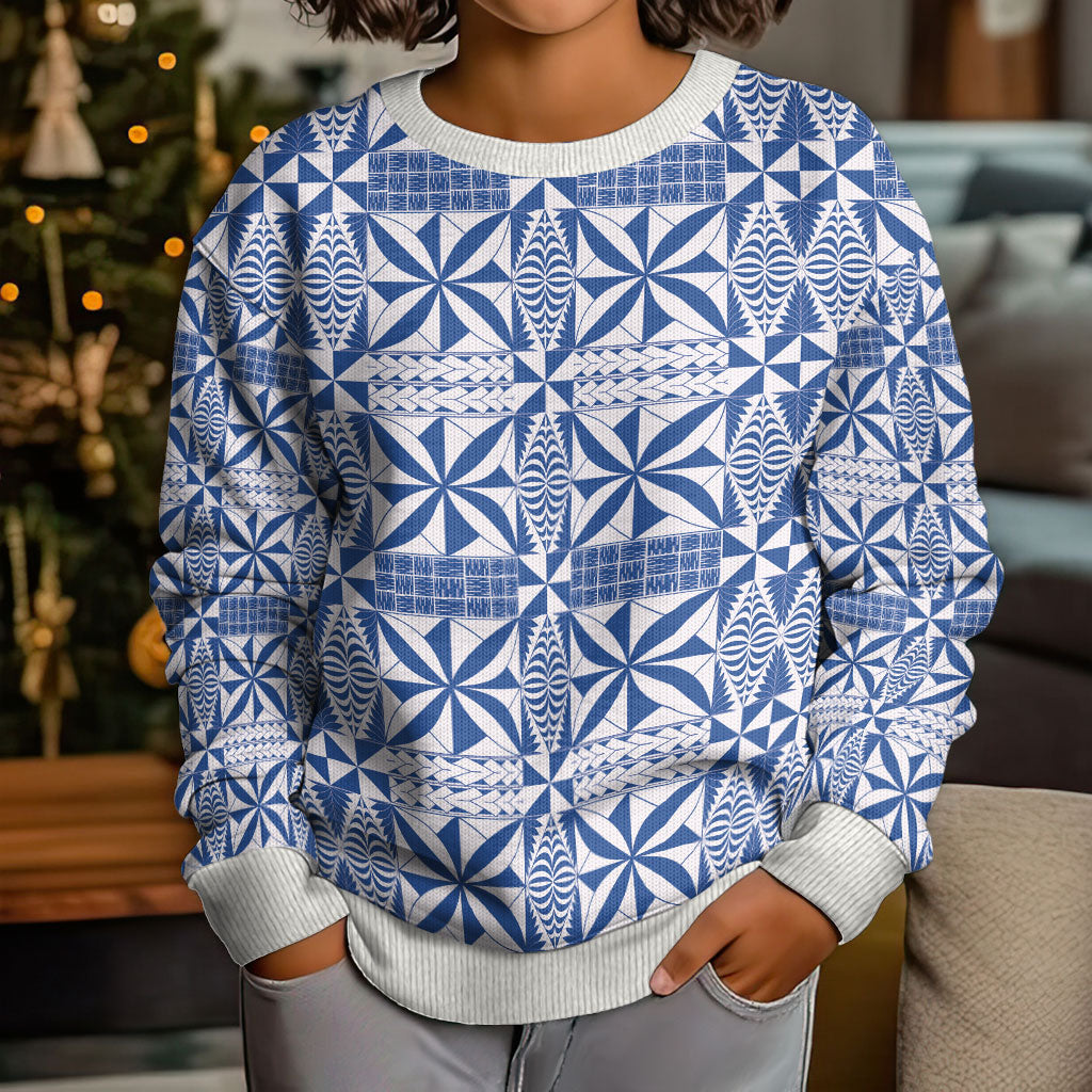 Blue Ngatu Pattern Malo e Lelei Tonga Kid Ugly Christmas Sweater LT14 - Polynesian Pride