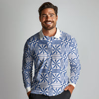 Blue Ngatu Pattern Malo e Lelei Tonga Long Sleeve Polo Shirt LT14 - Polynesian Pride