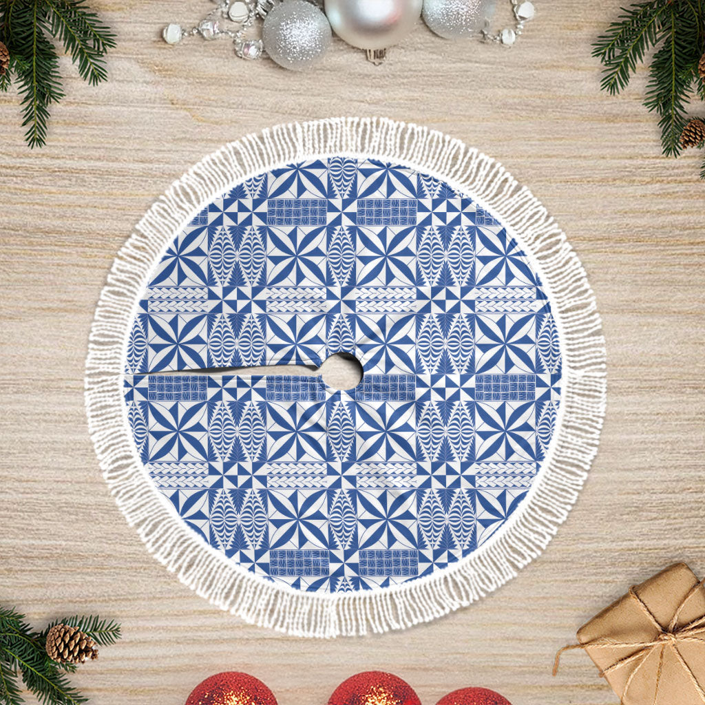 Blue Ngatu Pattern Malo e Lelei Tonga Tree Skirt LT14 Fringed Blue - Polynesian Pride