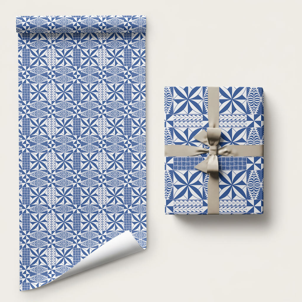 Blue Ngatu Pattern Malo e Lelei Tonga Wrapping Paper LT14 58" × 23" Blue - Polynesian Pride