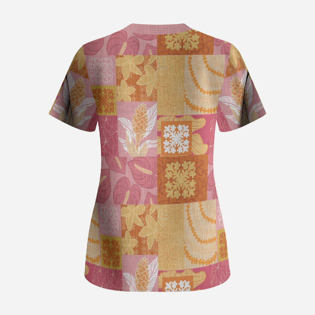 Aloha Hawaii Quilt Floral Patchwork Style Scrub Top LT14 - Polynesian Pride