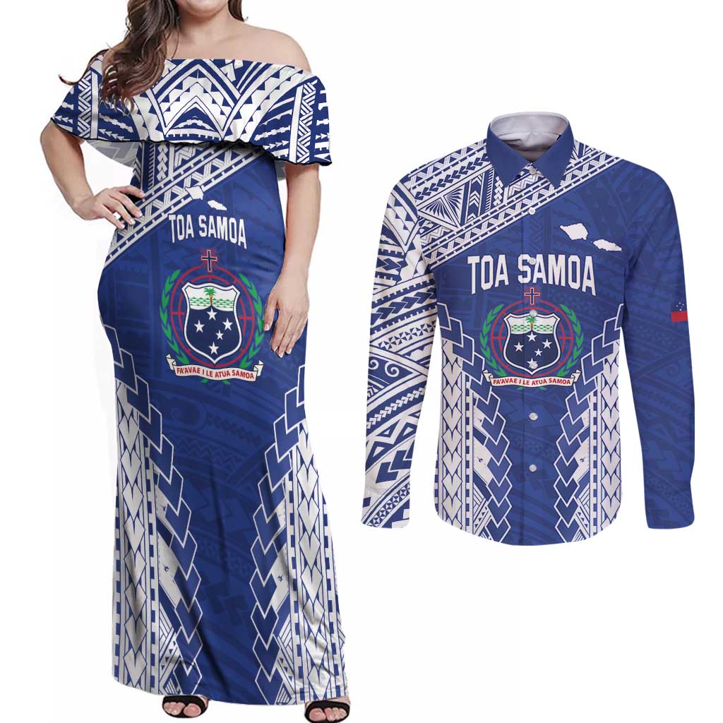 Toa Samoa Rugby Custom Couples Matching Off Shoulder Maxi Dress and Long Sleeve Button Shirt Go Champions Pacific Samoan Pattern - Polynesian Pride