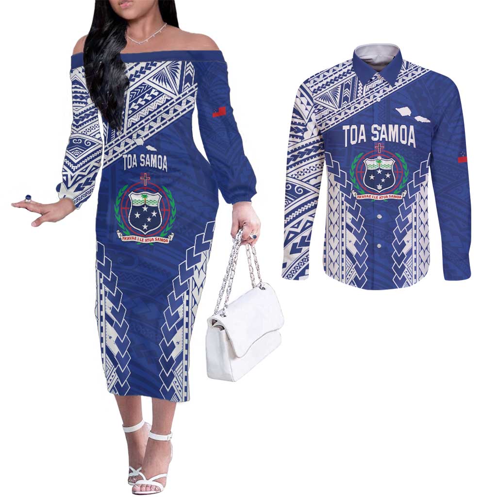 Toa Samoa Rugby Custom Couples Matching Off The Shoulder Long Sleeve Dress and Long Sleeve Button Shirt Go Champions Pacific Samoan Pattern - Polynesian Pride