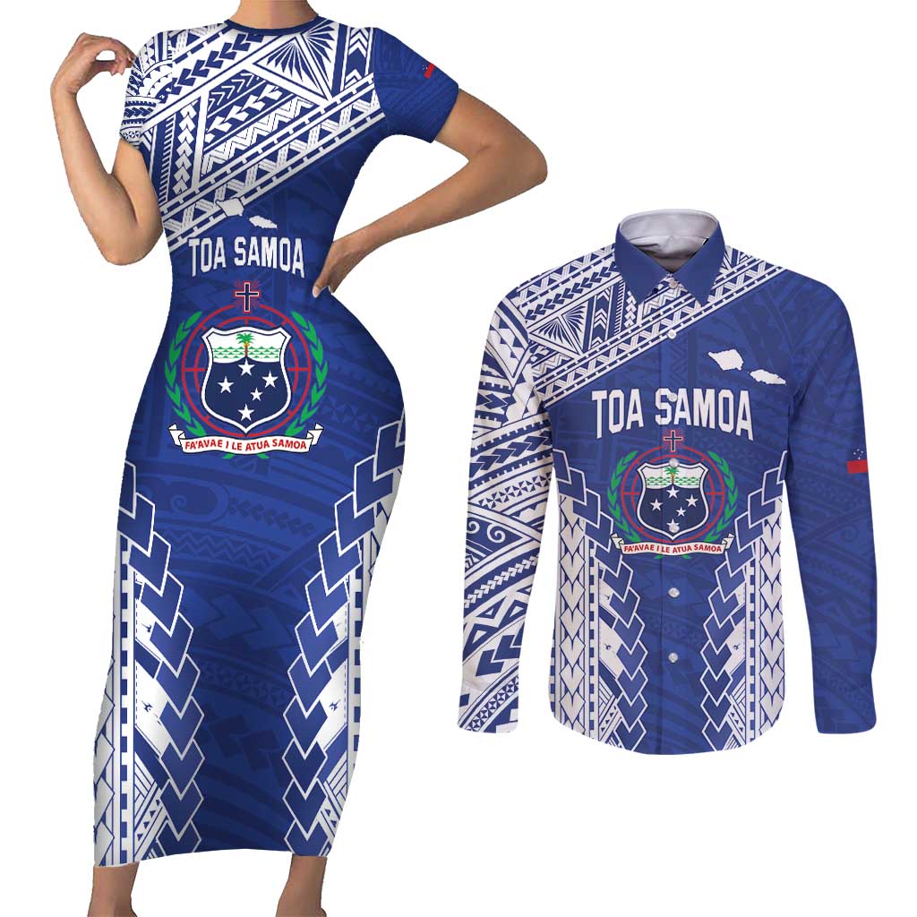 Toa Samoa Rugby Custom Couples Matching Short Sleeve Bodycon Dress and Long Sleeve Button Shirt Go Champions Pacific Samoan Pattern - Polynesian Pride