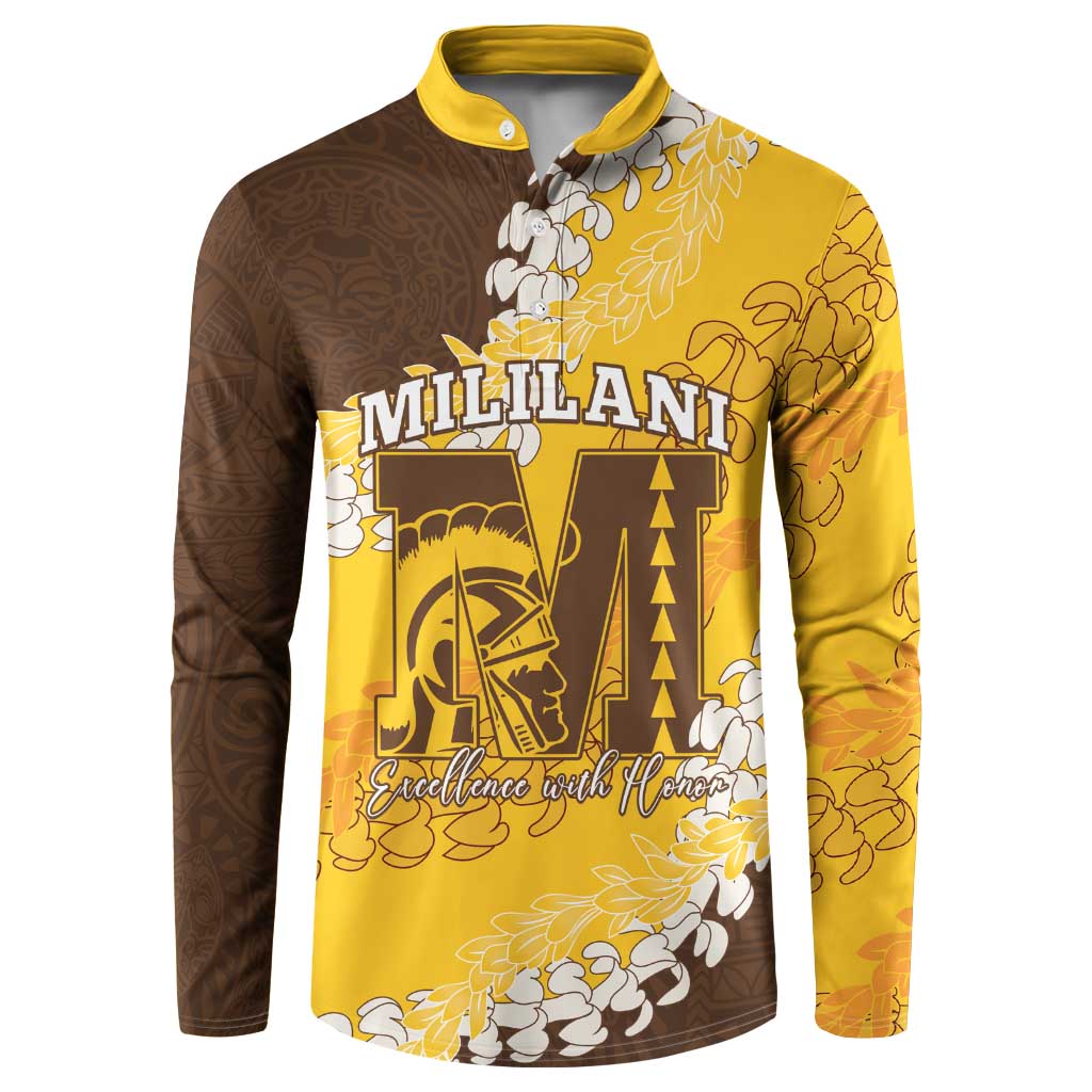 Personalized Mililani Hawaii High School Button Sweatshirt Puakenikeni Lei Hawaiian Pattern LT14 Yellow - Polynesian Pride