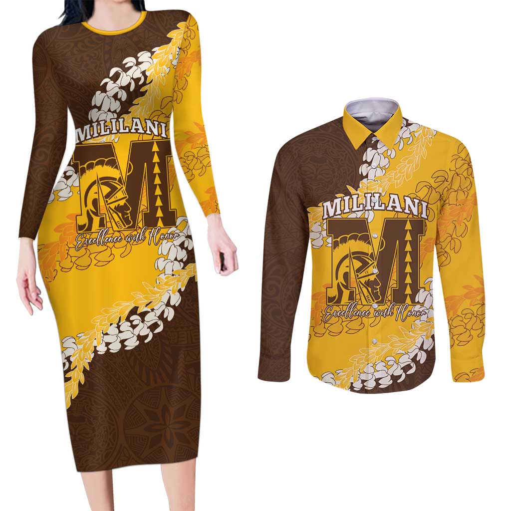 Personalized Mililani Hawaii High School Couples Matching Long Sleeve Bodycon Dress and Long Sleeve Button Shirt Puakenikeni Lei Hawaiian Pattern LT14 Yellow - Polynesian Pride