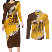 Personalized Mililani Hawaii High School Couples Matching Long Sleeve Bodycon Dress and Long Sleeve Button Shirt Puakenikeni Lei Hawaiian Pattern LT14 Yellow - Polynesian Pride